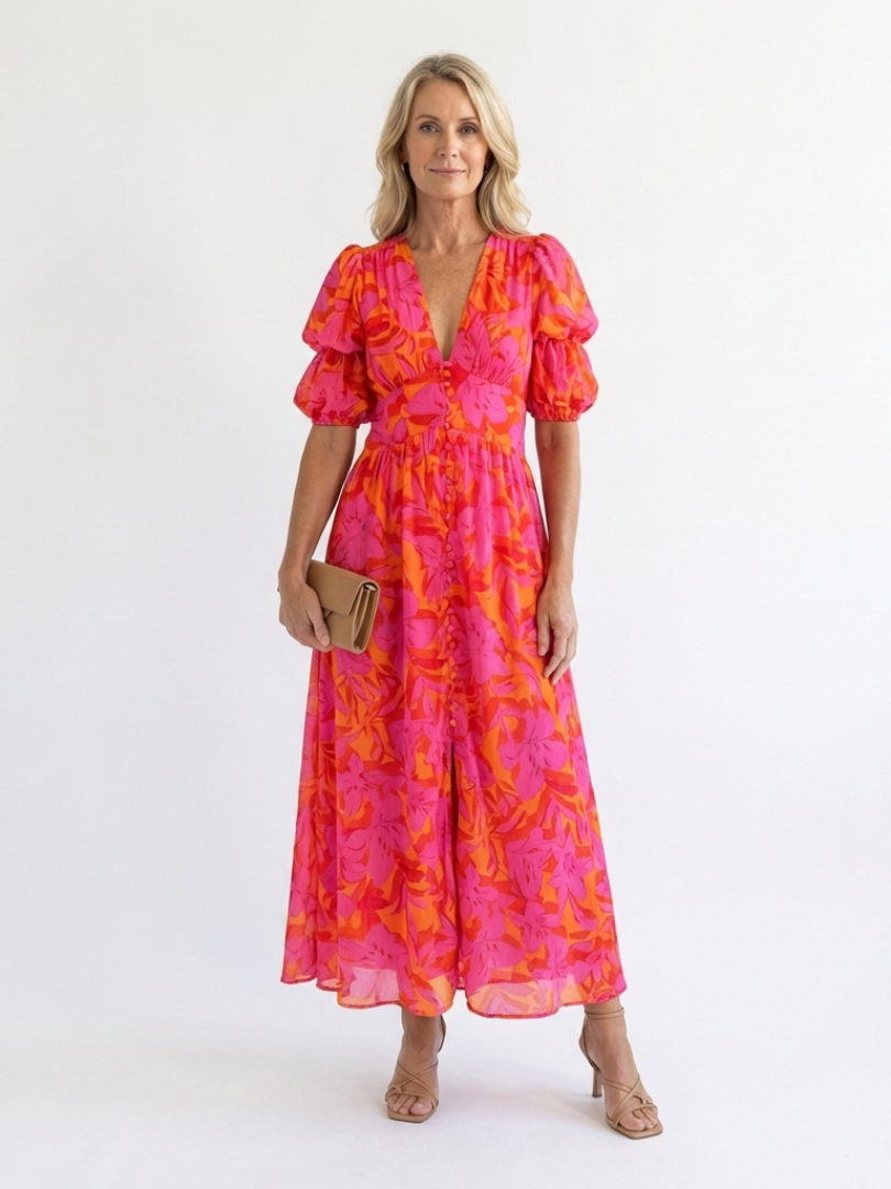Lucinda™ | Floral V Neck Puff Sleeve Midi Dress
