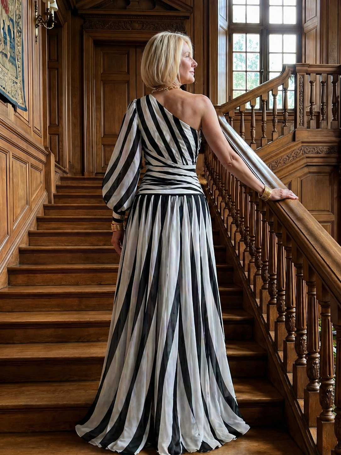 Marlowe™ |Elegant Striped Maxi Dress with One Shoulder