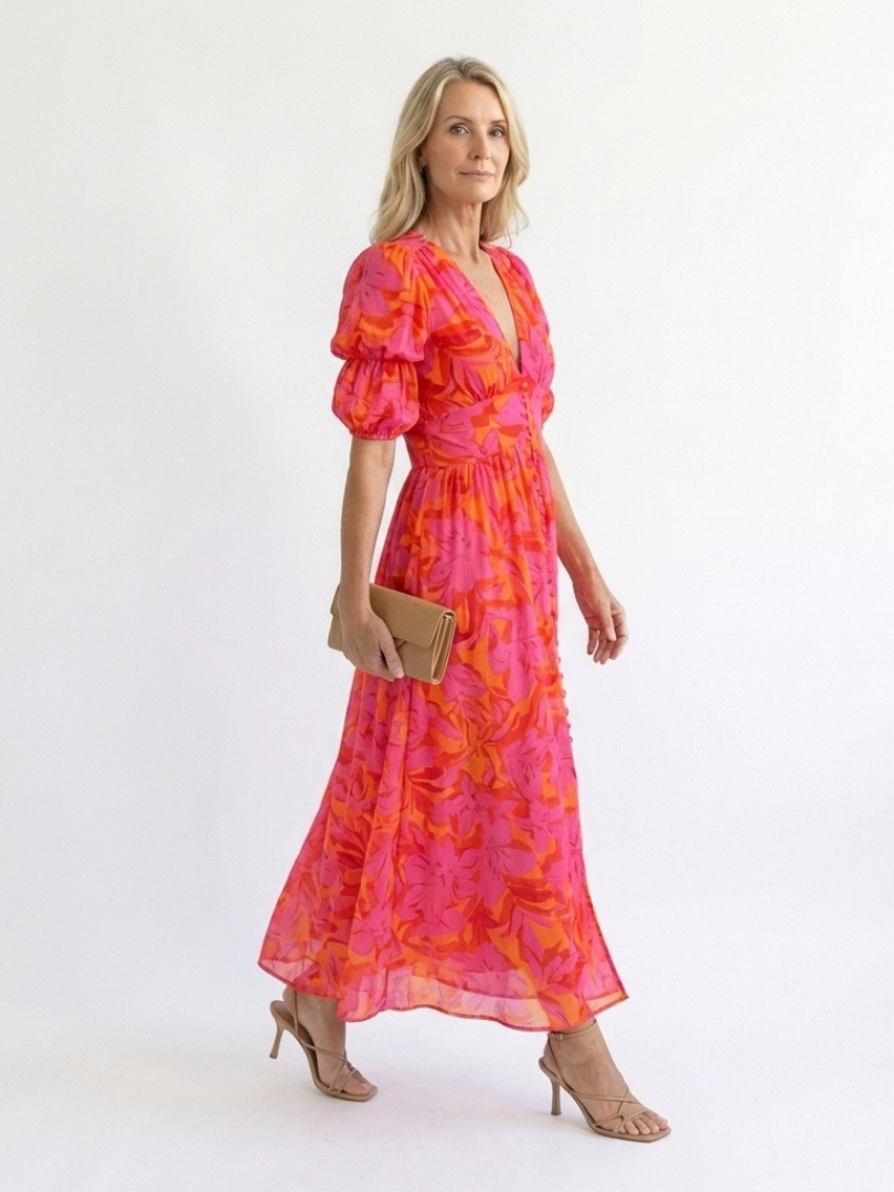Lucinda™ | Floral V Neck Puff Sleeve Midi Dress