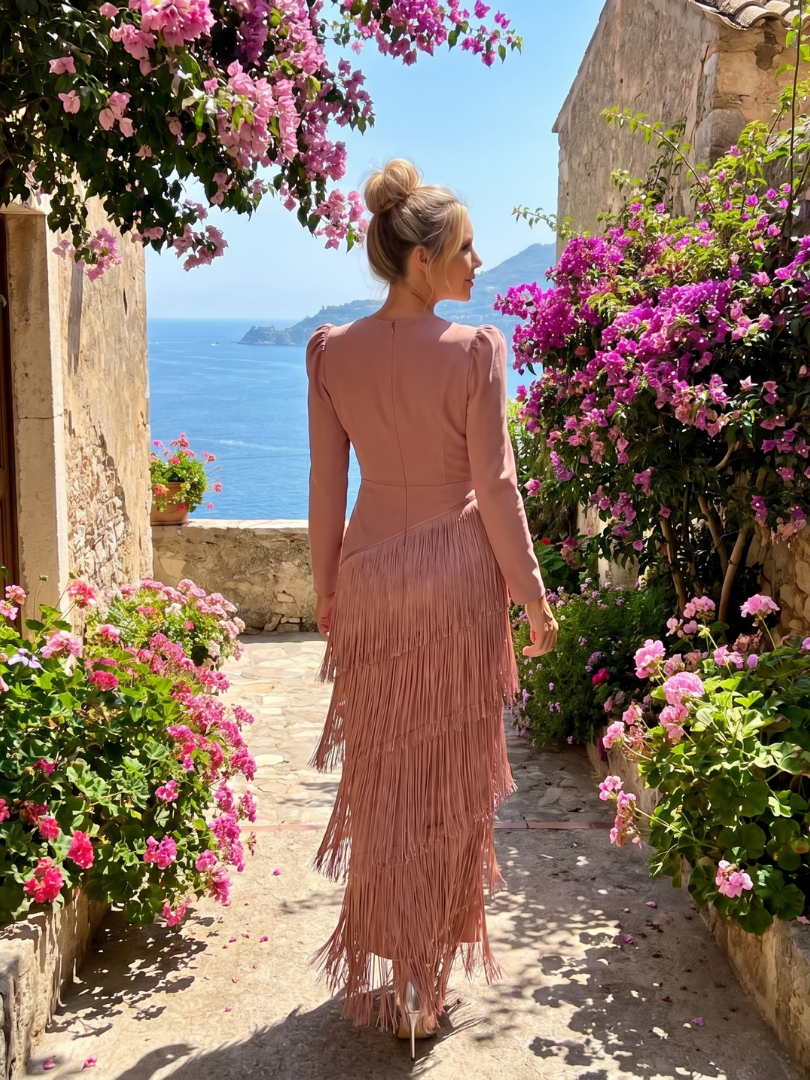 Linnea | Long Sleeve Soft Fringe Skirt Midi Dress