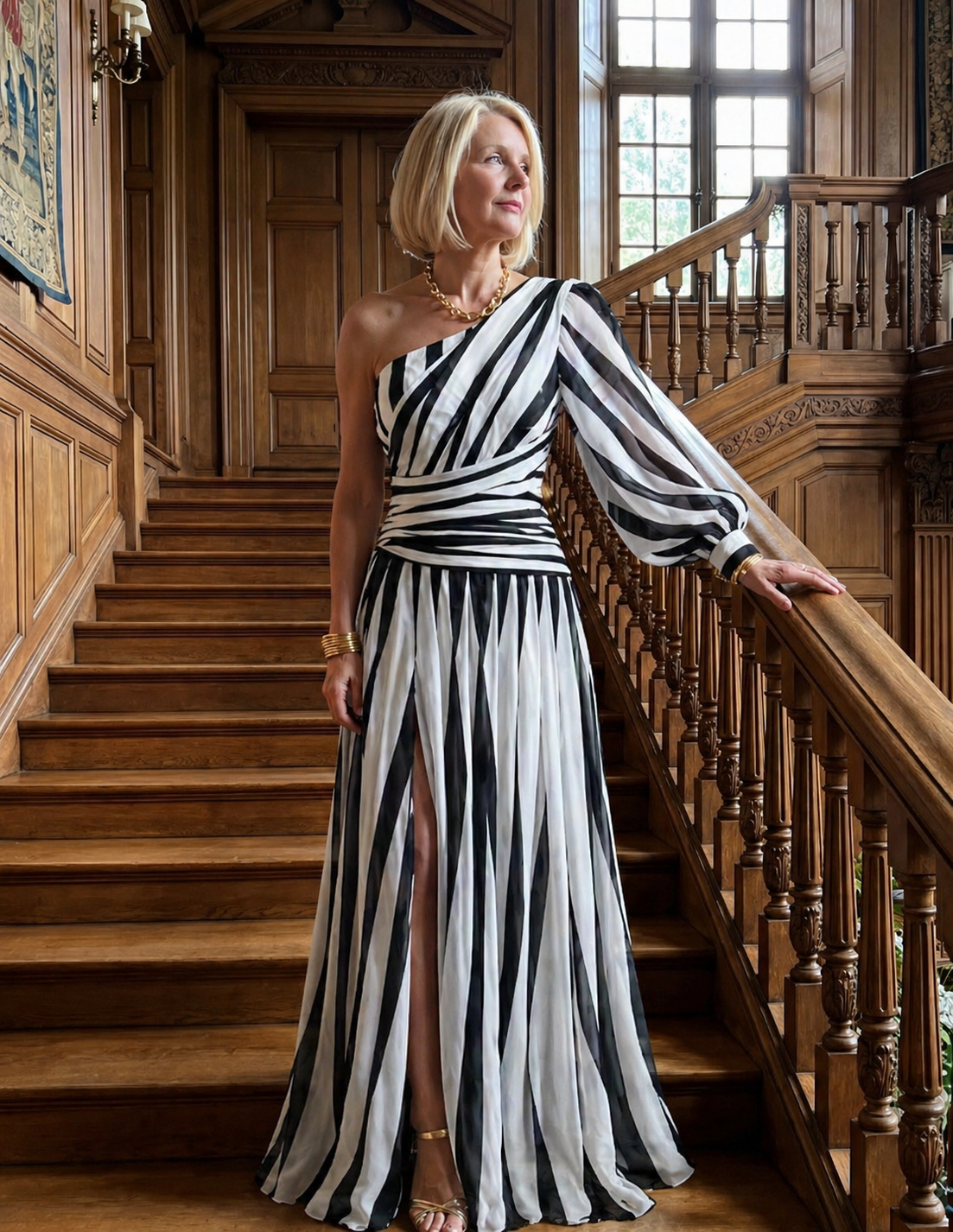Marlowe™ |Elegant Striped Maxi Dress with One Shoulder