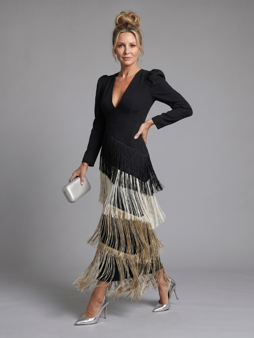 Linnea | Long Sleeve Soft Fringe Skirt Midi Dress
