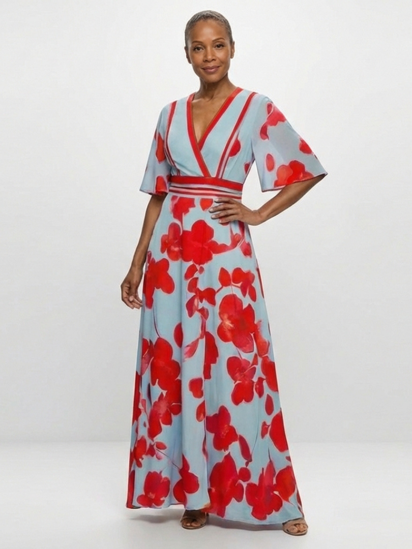 Delilah™ | V Neck Short Sleeve Floral Maxi Dress