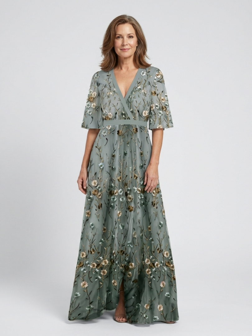 Maribel™ | Floral V Neck Short Sleeve Maxi Dress