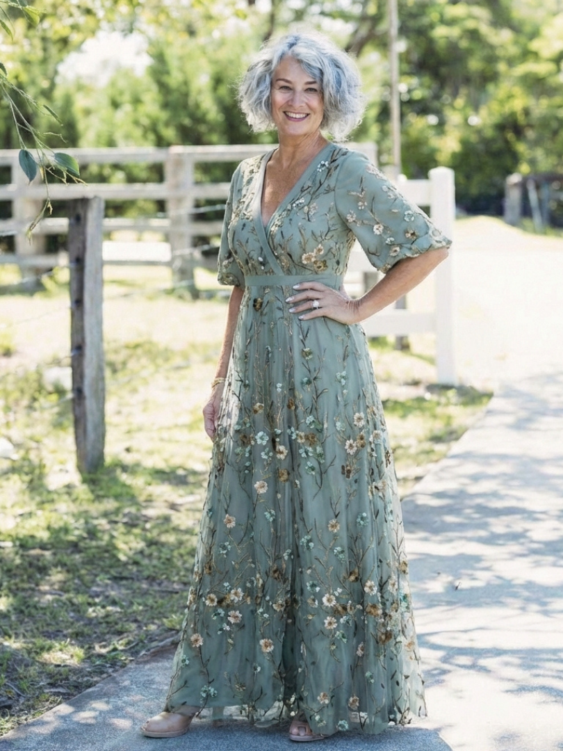 Maribel™ | Floral V Neck Short Sleeve Maxi Dress